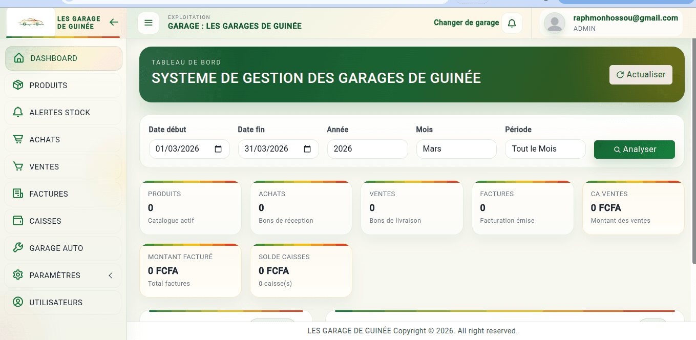 Interface du système de gestion de garage